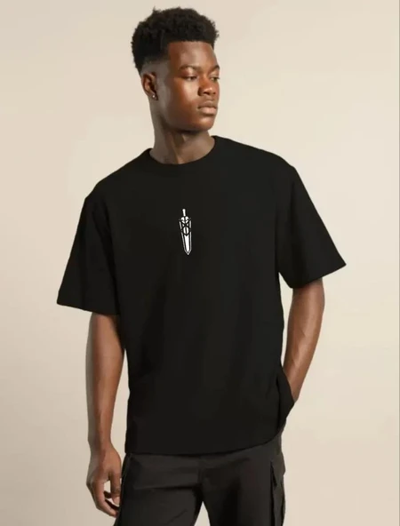 Unisex Bisiklet Yaka Baskılı Oversize T-Shirt - Siyah ürün görseli 1