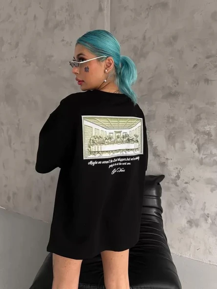 Unisex Baskılı Oversize T-Shirt - Siyah ürün görseli 1