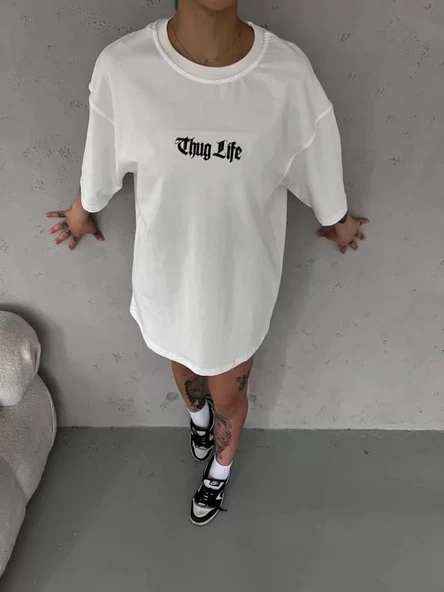 Unisex Bisiklet Yaka Baskılı Oversize T-Shirt - Beyaz ürün görseli 1