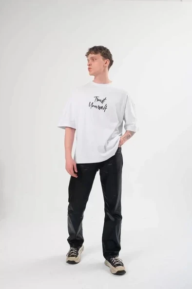Unisex Bisiklet Yaka Baskılı Oversize T-Shirt - Beyaz ürün görseli 1