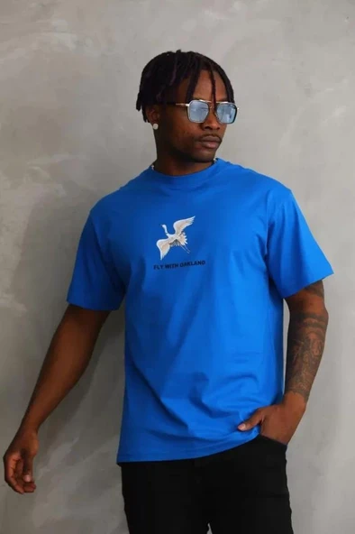 Unisex Baskılı Oversize T-Shirt - Mavi - Resim 3