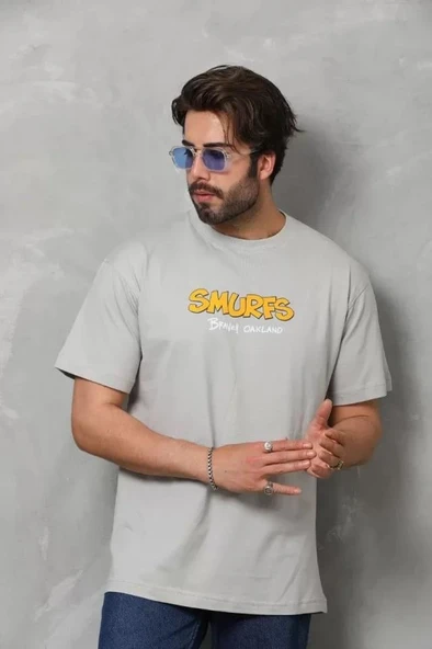 Unisex Basic Bisiklet Yaka Oversize T-Shirt - Gri - Resim 4