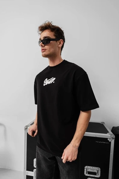 Erkek Baskılı Oversize T-shirt - Siyah - Resim 2
