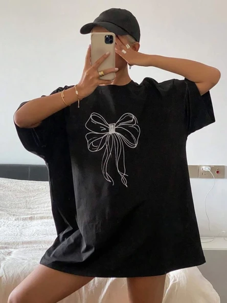 Baskılı Oversize T-shirt - Siyah - Resim 4