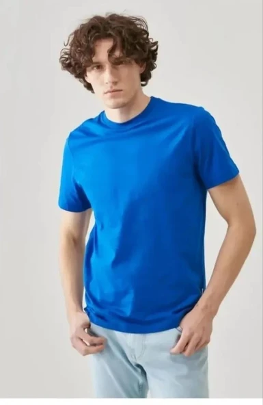 Unisex Düz Biskilet Yaka Oversize T-shirt - Mavi ürün görseli 1
