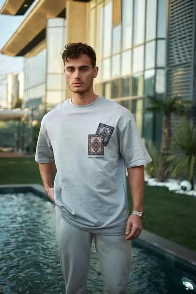 Unisex Bisiklet Yaka Baskılı Oversize T-Shirt - Boyalı Gri ürün görseli 1