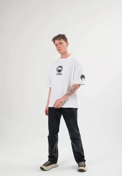 Unisex Bisiklet Yaka Baskılı Oversize T-Shirt - Beyaz ürün görseli 1