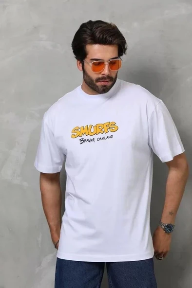 Unisex Bisiklet Yaka Baskılı Oversize T-Shirt - Beyaz ürün görseli 1