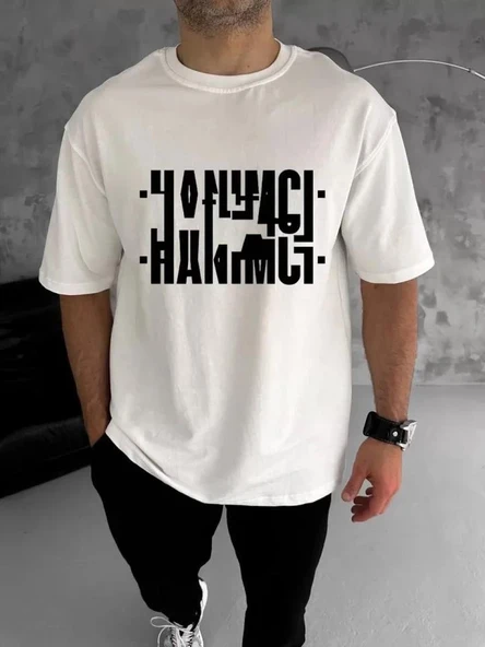 Unisex Bisiklet Yaka Katlanan Baskılı T-Shirt - Beyaz ürün görseli 1