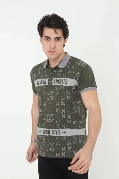 Erkek Yakalı Slim Fit Baskılı T-Shirt - Haki ürün görseli 1