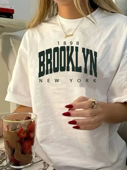 Baskılı Oversize Bisiklet Yaka T-shirt - Beyaz ürün görseli 1