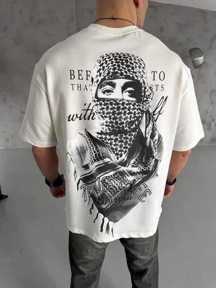 Unisex Baskılı Oversize T-Shirt - Beyaz ürün görseli 1
