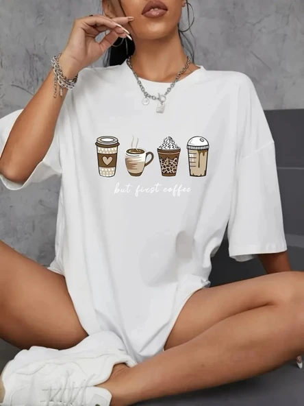 Baskılı Oversize Bisiklet Yaka T-shirt - Beyaz ürün görseli 1