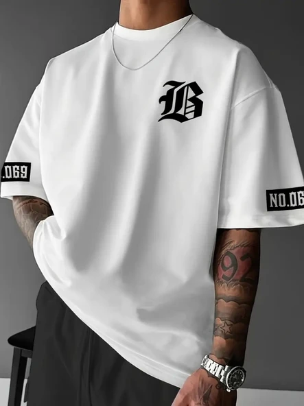 Baskılı Oversize Bisiklet Yaka T-shirt - Beyaz ürün görseli 1