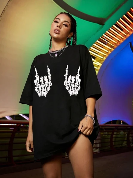 Baskılı Oversize T-shirt - Siyah - Resim 2