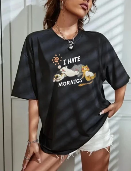 Bisiklet Yaka Baskılı Oversize T-Shirt - Siyah ürün görseli 1