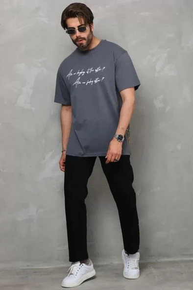 Unisex Bisiklet Yaka Baskılı Oversize T-Shirt - Füme ürün görseli 1