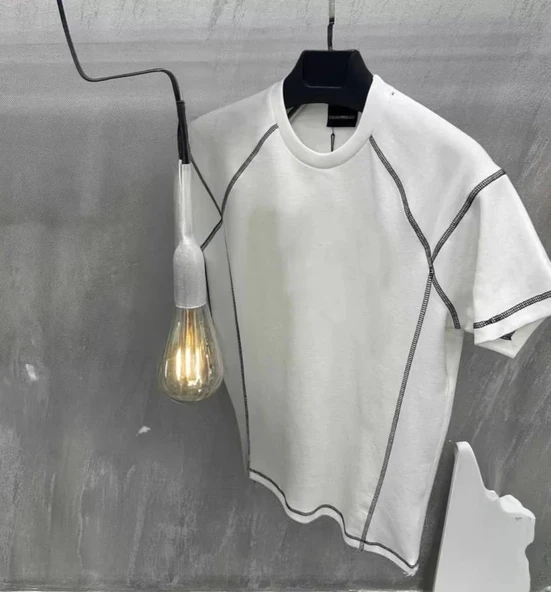 Unisex Karoyaka Dikişli Oversize T-Shirt - Beyaz ürün görseli 1