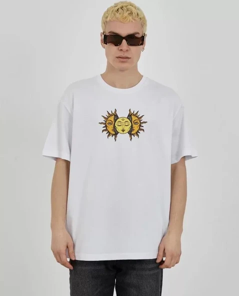 Unisex Bisiklet Yaka Baskılı Oversize T-Shirt - Beyaz ürün görseli 1