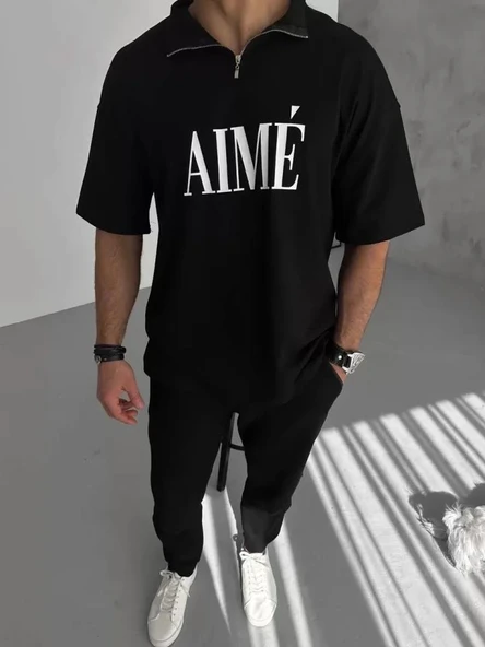 Unisex Yarım Fermuarlı Baskılı T-Shirt - Siyah ürün görseli 1