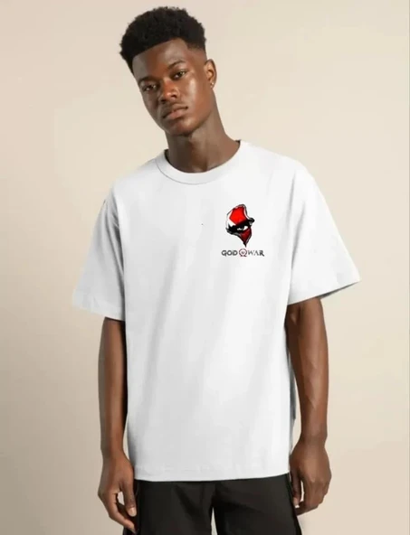 Unisex Bisiklet Yaka Baskılı Oversize T-Shirt - Beyaz ürün görseli 1