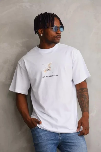 Unisex Baskılı Oversize T-Shirt - Beyaz ürün görseli 1