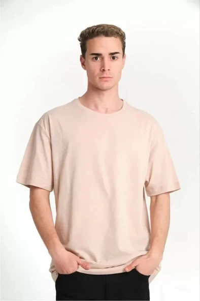 Unisex Düz Biskilet Yaka Oversize T-shirt - Bej ürün görseli 1