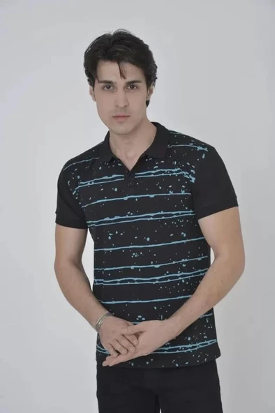 Erkek Yakalı Slim Fit Pike Çizgili T-Shirt - Siyah ürün görseli 1