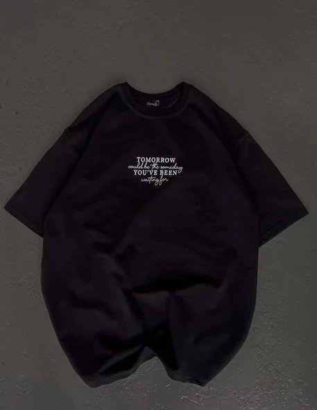 Unisex Bisiklet Yaka Baskılı Oversize T-Shirt - Siyah ürün görseli 1