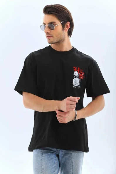 Unisex Oversize Baskılı Bisiklet Yaka T-Shirt - Siyah ürün görseli 1