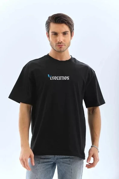 Unisex Bisiklet Yaka Baskılı Oversize T-Shirt - Siyah ürün görseli 1