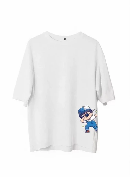 Unisex Bisiklet Yaka Baskılı Oversize T-Shirt - Beyaz ürün görseli 1