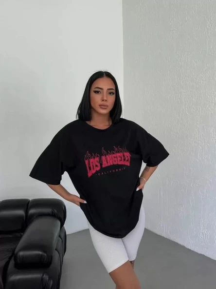 Unisex Bisiklet Yaka Baskılı Oversize T-Shirt - Siyah ürün görseli 1