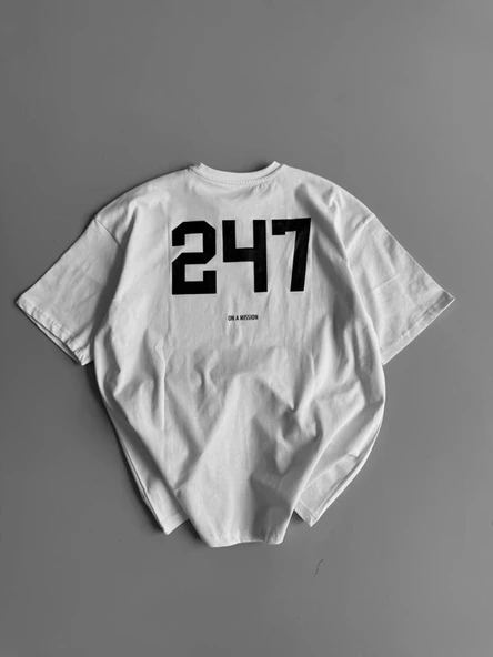 Baskılı Oversize Bisiklet Yaka T-shirt - Beyaz ürün görseli 1