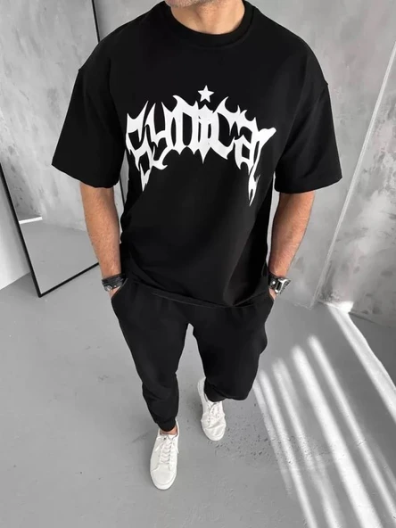 Unisex Bisiklet Yaka Baskılı Oversize T-Shirt - Siyah ürün görseli 1