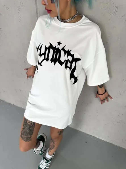 Unisex Bisiklet Yaka Baskılı Oversize T-Shirt - Beyaz ürün görseli 1