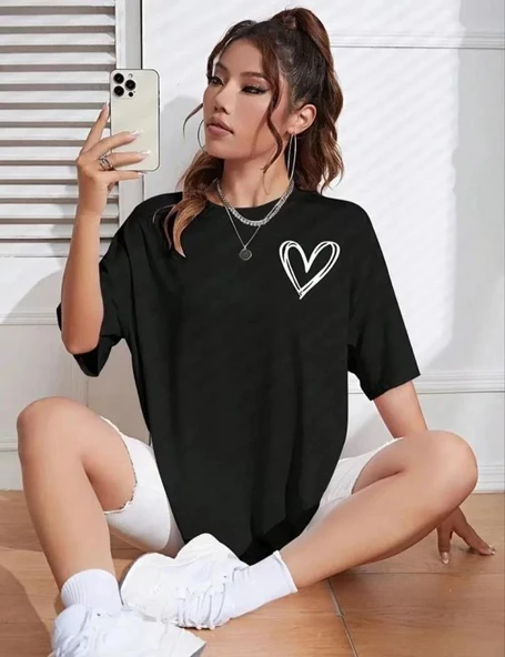 Bisiklet Yaka Baskılı Oversize T-Shirt - Siyah ürün görseli 1