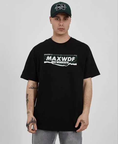 Unisex Bisiklet Yaka Baskılı Oversize T-Shirt - Siyah ürün görseli 1