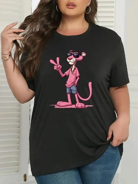 Pembe Panter Baskılı Oversize Bisiklet Yaka T-shirt - Beyaz ürün görseli 1
