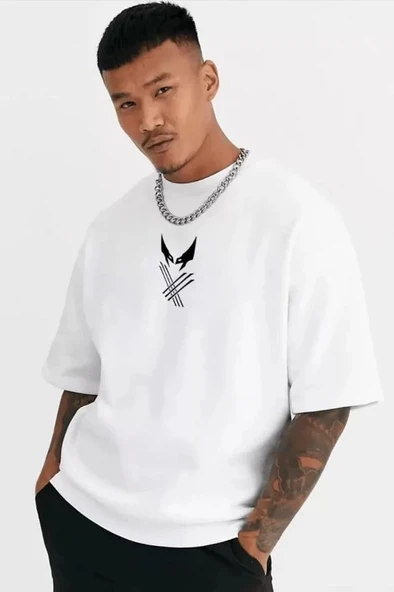 Unisex Bisiklet Yaka Baskılı Oversize T-Shirt - Beyaz ürün görseli 1