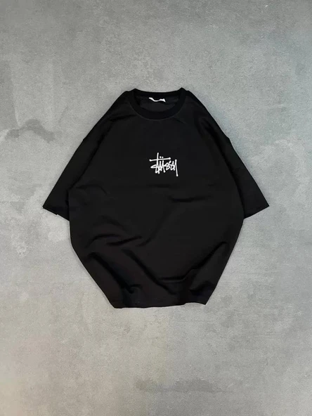 Unisex Bisiklet Yaka Baskılı Oversize T-Shirt - Siyah ürün görseli 1
