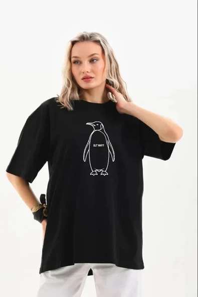 Nihilist Penguen Özel Tasarım Oversize Bisiklet Yaka Tişört - Siyah ürün görseli 1