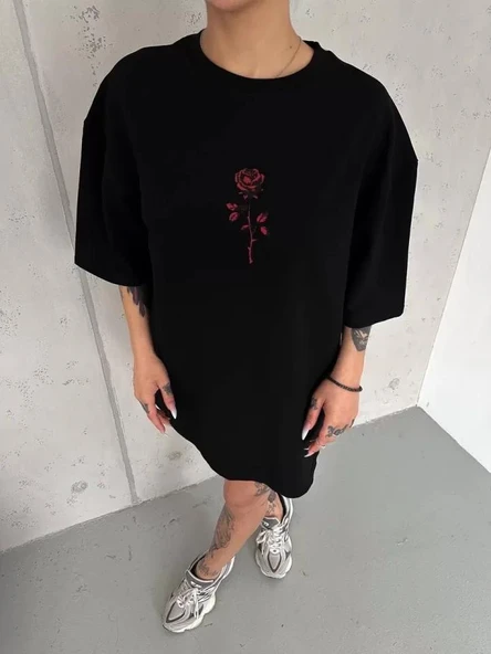 Unisex Bisiklet Yaka Baskılı Oversize T-Shirt - Siyah ürün görseli 1