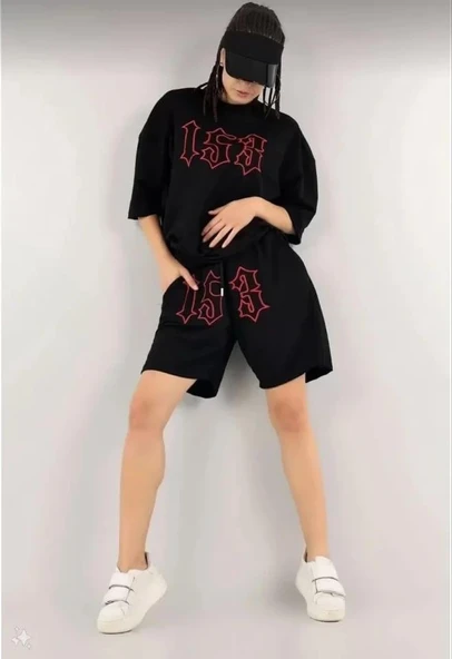 Unisex Nakış İşlemeli Şort Takım - Siyah - Resim 2