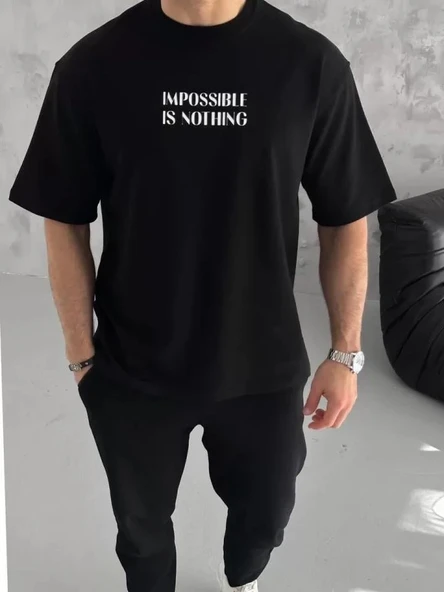 Unisex Bisiklet Yaka Baskılı Oversize T-Shirt - Siyah ürün görseli 1