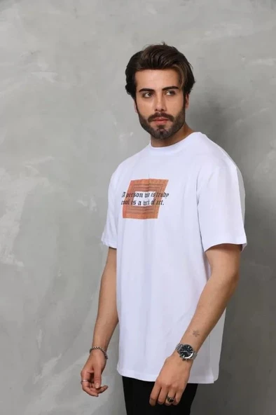 Unisex Bisiklet Yaka Baskılı Oversize T-Shirt - Beyaz ürün görseli 1