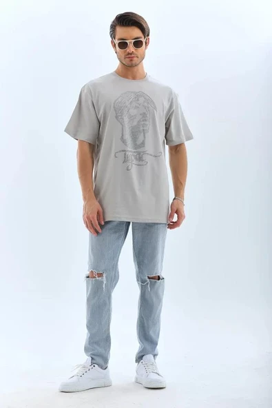 Unisex Oversize Taşlı Bisiklet Yaka T-Shirt - Gri ürün görseli 1