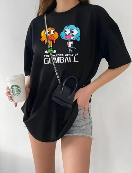 Bisiklet Yaka Baskılı Oversize T-Shirt - Siyah ürün görseli 1