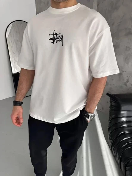Unisex Bisiklet Yaka Baskılı Oversize T-Shirt - Beyaz ürün görseli 1