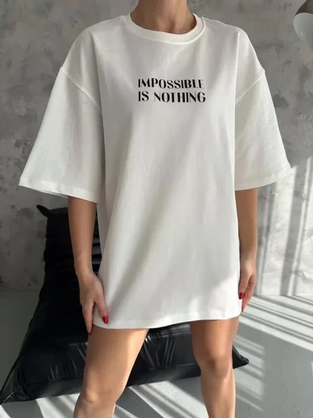 Unisex Bisiklet Yaka Baskılı Oversize T-Shirt - Beyaz ürün görseli 1